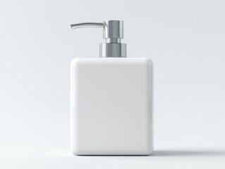 Elegant White Square Soap Dispenser with Chrome Pump on a Clean White Background, Minimalist Design and Sleek Aesthetic
