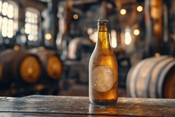 Aged Cider Bottle on Rustic Table with Vintage Mills in Background