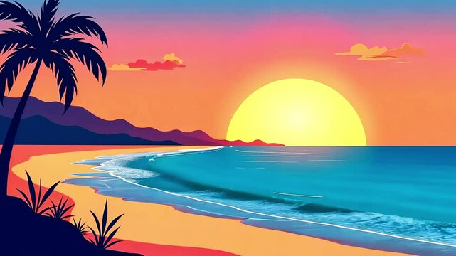Sunset near ocean, on the small island. Beach with palm tree and sand, vector cartoon style landscape. Relaxing atmosphere and positive vibes, wallpaper and background