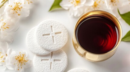 Holy communion elements: bread and wine, with white flowers.