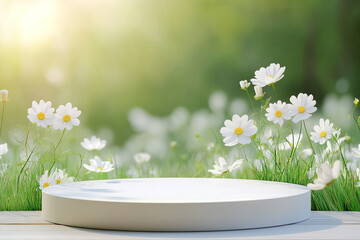 A display area with a background of white grass and flowers that looks clean. Ai generate.