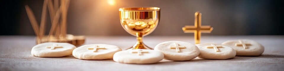 Holy communion elements: bread, wine, and cross.
