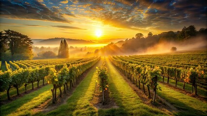 Naklejka premium Morning Vineyard Long Exposure AI Photo, Sunrise, Grapes, Wine, Landscape, Scenic