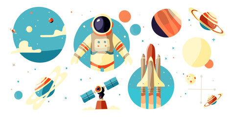 A series of images of space and a man in a spacesuit. The images include a man in a spacesuit, a rocket, a planet, and a satellite. The mood of the images is one of exploration and adventure © Yehor