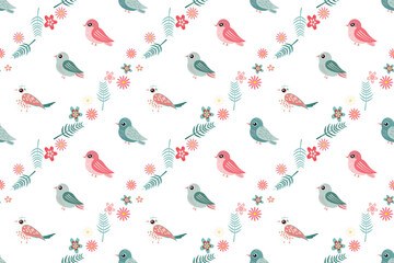 Fototapeta premium The artwork showcases a repeating pattern of diverse birds in playful colors surrounded by delicate flowers and foliage, ideal for brightening any space or textile. Isolated background