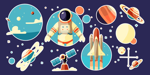 A collection of space-themed stickers featuring a man in a spacesuit, a rocket, and various planets