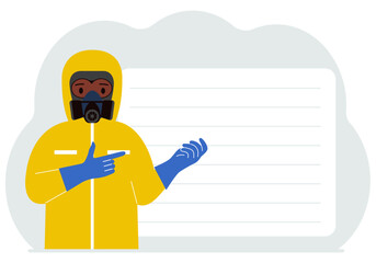 A man in a yellow radiation protective suit and a helmet with a respirator, chemical or biological safety uniform. Vector flat illustration.