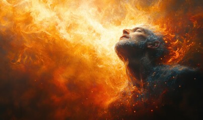 Fiery transformation of a man surrounded by glowing flames