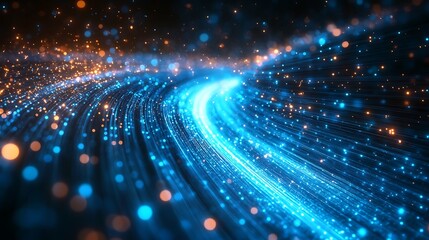 Obraz premium Glowing blue and green fiber optic cables with light trails illustrating high-speed data transfer