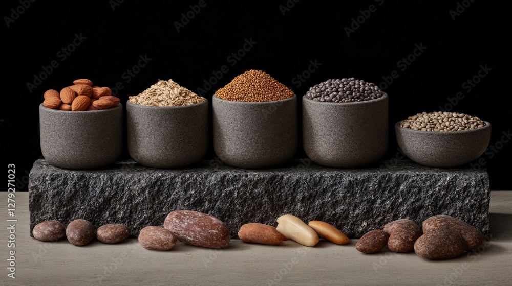 Poster assorted nuts and seeds displayed in elegant bowls on a textured stone surface against a dark backdr