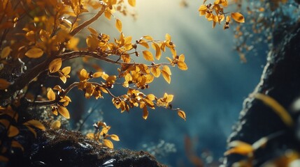 Golden autumn leaves in a mystical forest.