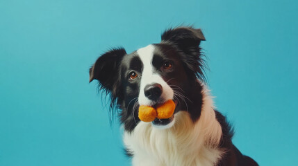 Fototapeta premium A charming black and white Border Collie holds a bright orange toy in its mouth against a vibrant blue backdrop, radiating joy.