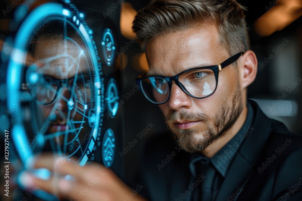 Aufkleber business professional interacting with advanced holographic interface displaying futuristic data ana
