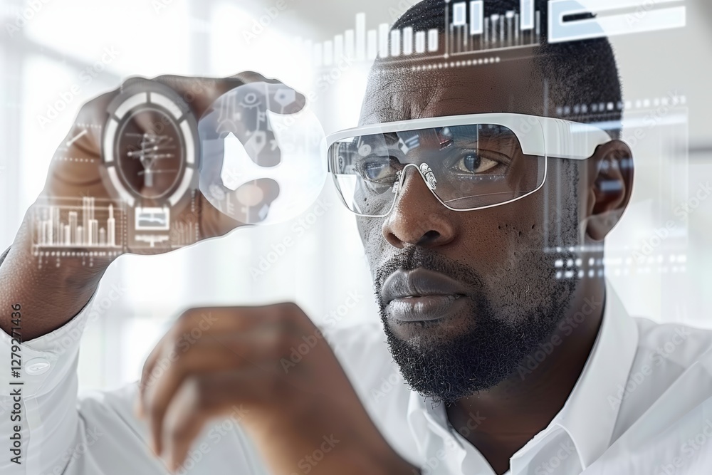 Poster business professional interacting with augmented reality financial interface. floating holographic c