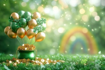 Happy St. Patrick's Day Background, a bouquet of green and gold balloons tied to a pot of gold coins, placed on a grassy field with a blurred rainbow and clovers in the background, whimsical 