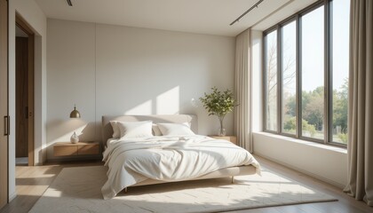 Bright and Spacious Modern Bedroom with Large Windows and Minimalist Decor