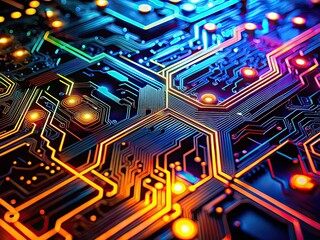 Neon Circuit Board Silhouette, Glowing Components, Abstract Art