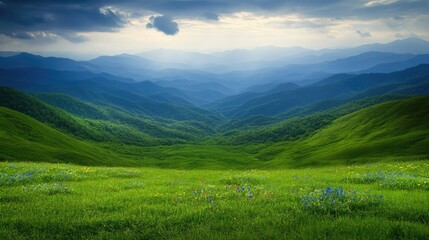 Fototapeta premium Lush green valleys stretch beneath moody sky, creating serene la