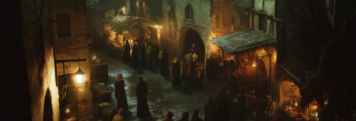 photo of a busy inn in bibilical Bethlehem with as Mary and Joseph search for a place to stay
