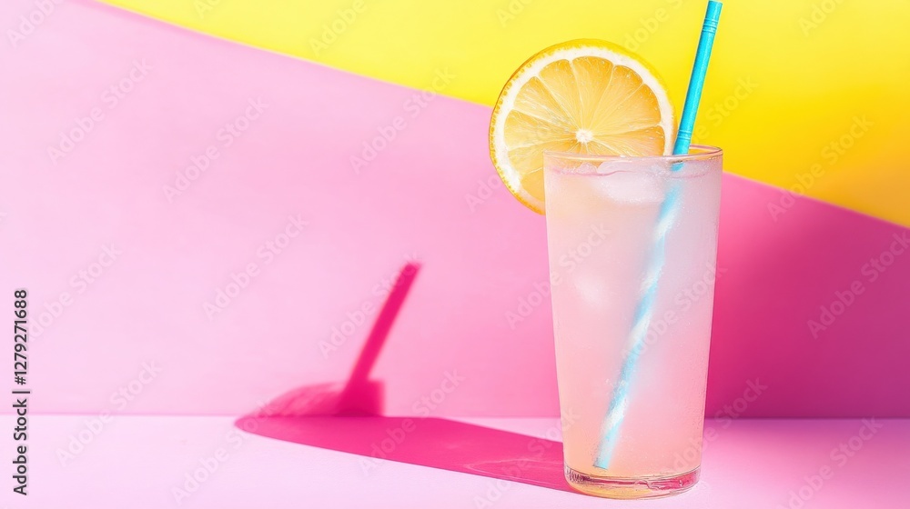 Aufkleber refreshing lemonade in a glass with a lemon slice and straw against a colorful background