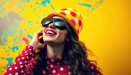 Sporting a cheerful polka dot ensemble and oversized sunglasses, a girl radiates happiness as she poses, embracing a lively, colorful atmosphere filled with creative expressions