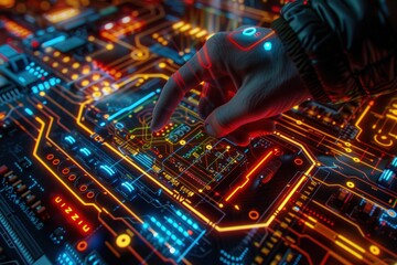 Obraz premium Human hand interacting with a futuristic digital circuit board. Concept of artificial intelligence, advanced technology, and human-computer interaction in cybernetic innovation.