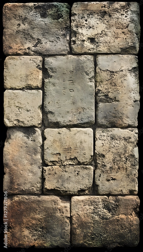 Poster stacked rectangular stones with inscriptions and weathering form a wall