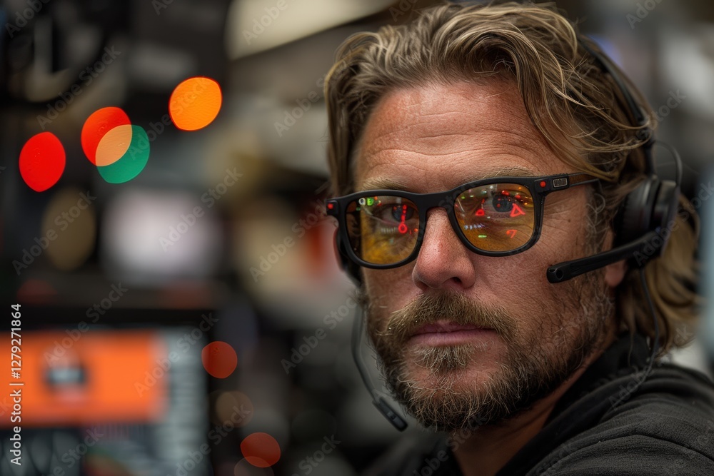 Poster stock trader wearing headset and glasses reflecting market data. focused expression in a high-pressu