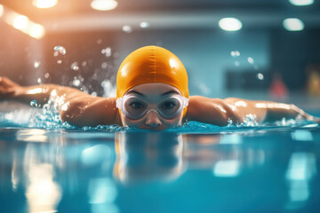 Female asian young swimmer in indoor pool with yellow cap and goggles