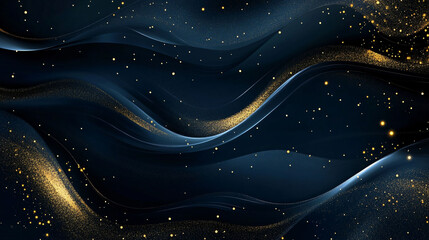 Abstract depiction of dark blue waves with golden light and sparkles