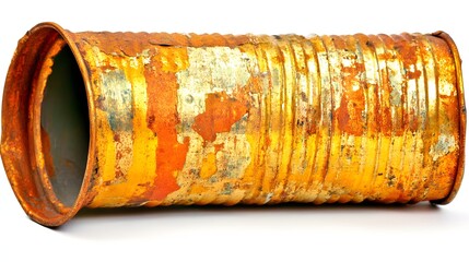 Close Up of Orange Rusted Metal Can with Heavy Weathering on White Background
