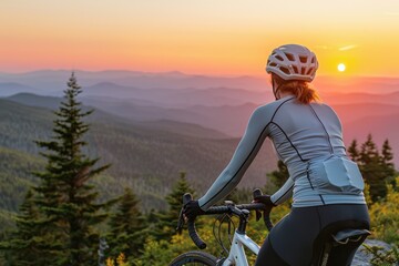 Female cyclist riding along scenic mountain trail during golden sunrise. Breathtaking landscape with rolling hills and lush greenery symbolizes outdoor fitness, adventure, and travel exploration.