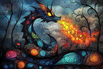 Majestic animal art displayed at the art station. Colorful Dragon Breathing Fire in a Whimsical Landscape Scene