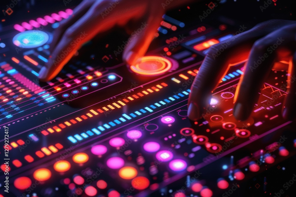 Poster hands operating futuristic digital control panel with glowing neon interface. high-tech user interfa