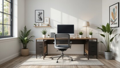 Fototapeta premium Modern Home Office Setup with Minimalist Design and Natural Light