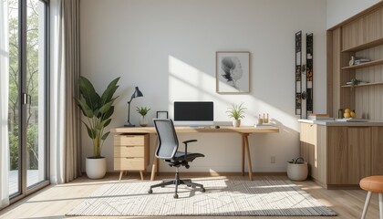 Modern minimalistic home office interior with natural light and plants