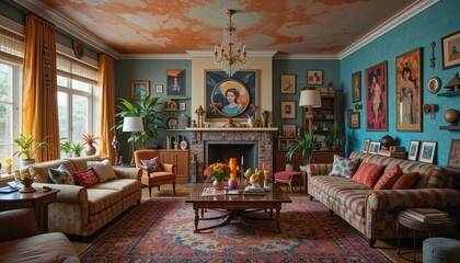 Cozy Vintage Living Room with Colorful Decor and Artwork