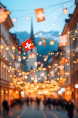 Fototapeta premium Festive lights and Swiss flags adorn a charming European street at dusk, creating a magical atmosphere.