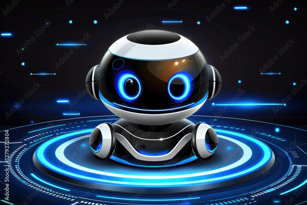 Poster cute futuristic ai robot with glowing blue eyes sitting on a high-tech platform, symbolizing artific