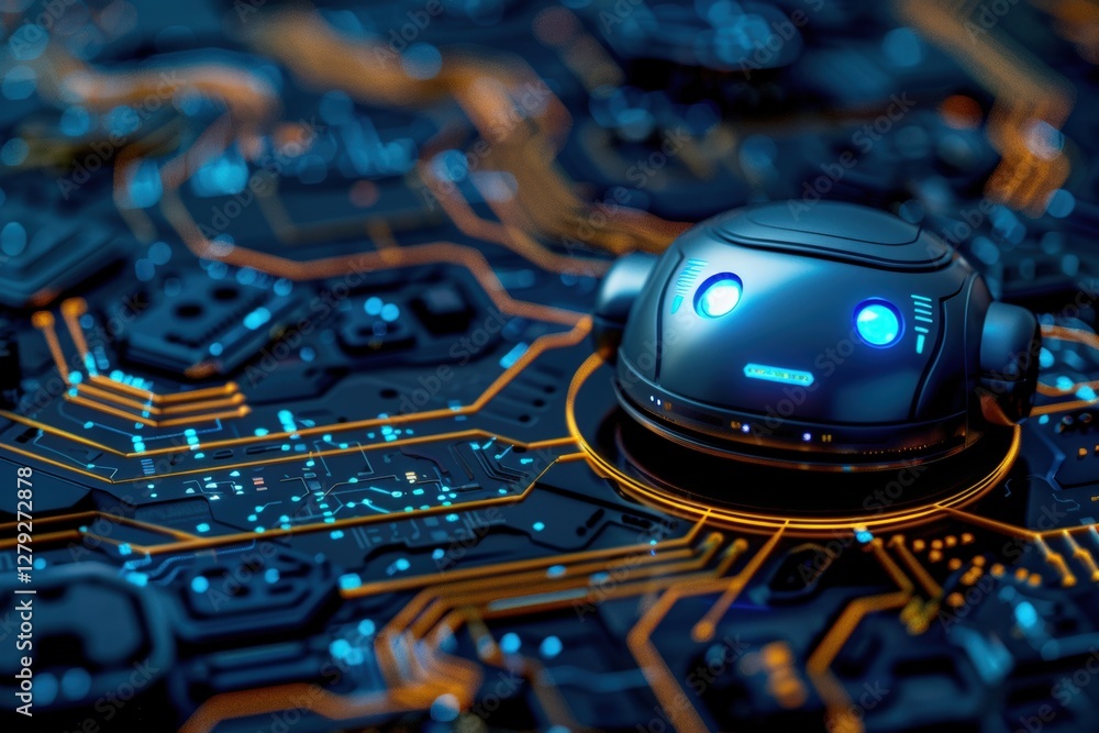 Poster futuristic ai-powered chatbot with glowing blue interface processing data on a digital circuit board
