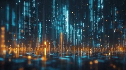 Futuristic cityscape with glowing skyscrapers and digital elements reflecting in water