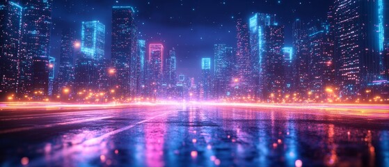 Obraz premium Vibrant Neon City Skyline Illuminated at Night With Reflections on Wet Streets Creating a Futuristic Atmosphere in an Urban Landscape