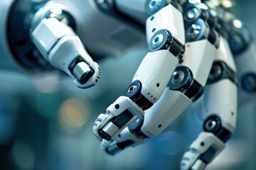Close-up of an advanced robotic hand with intricate mechanical joints and high-precision engineering, designed for medical operations in a futuristic hospital setting. Smooth white.