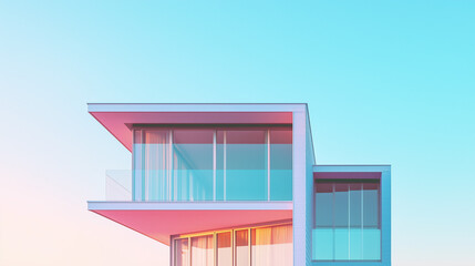 A pastel blue and pink beach house with large glass windows, reflecting the morning sunlight on a soft sky-blue backdrop.