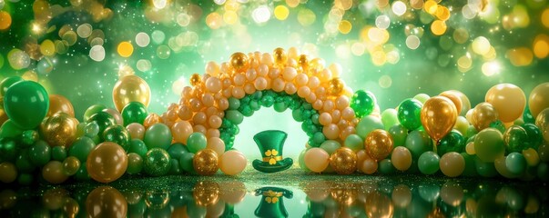 Happy St. Patrick's Day Background, green and gold balloons forming a bridge across a miniature rainbow with a leprechaun hat centerpiece, set on a reflective glass surface with a soft glowing green 