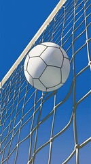 Naklejka premium Soccer ball through net, sunny day, sports action, game moment, background sky