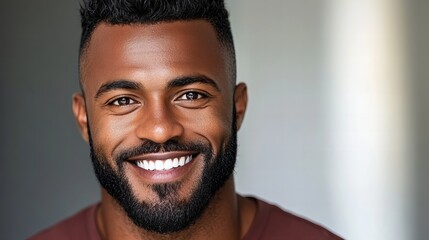 Obraz premium Close-up portrait of a smiling Black man with a beard. Warm lighting and neutral background.