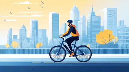 A rear view of businessman commuter with electric bicycle traveling to work in city.