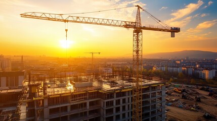 New construction site with crane and mechanical equipments on sunset daylight background. construction industry.