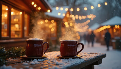 Two red cups with hot mulled wine with snow on wooden table at winter Christmas market. Festive holiday scene with lights at dusk. Traditional christmas fair, advent vacation.